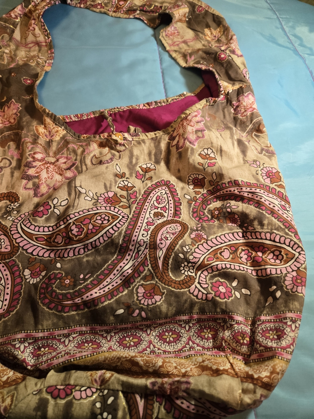 Old Navy Y2K Retro Brown Pink Floral Large Boho Hobo Shoulder Bag Purse - Picture 9 of 13